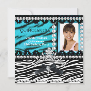 Invitation Couronne de Quinceanera 15ème Turquoise Noir Zèbre