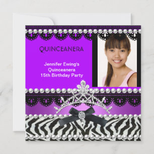 Invitation Couronne de Quinceanera 15ème Violet Noir Zèbre Pe