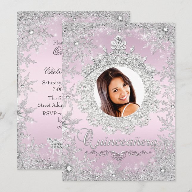 Invitation Couronne de Quinceanera argent rose flocon de neig (Devant / Derrière)