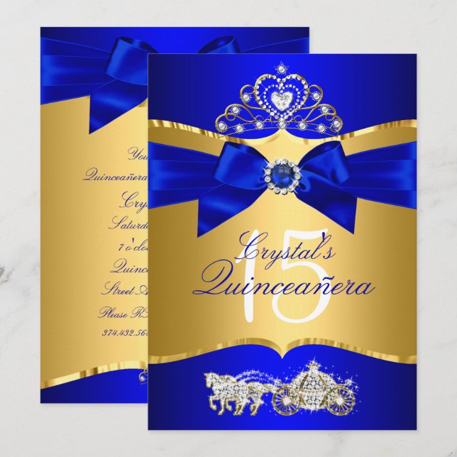 Invitation Couronne de Quinceanera Bleu Royal Or Perle (Devant / Derrière)