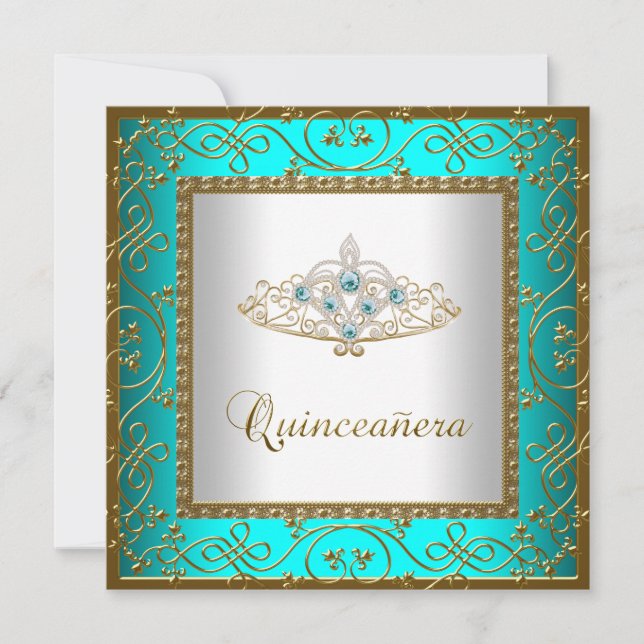 Invitation Couronne de Quinceanera bleu sarcelle or (Devant)
