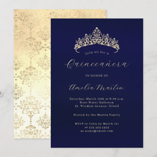 Invitation Couronne de Quinceanera élégante en Navy Gold Dama