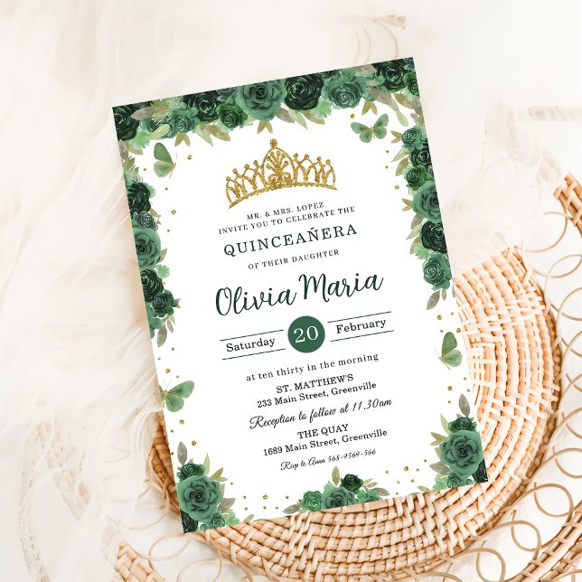 Invitation Couronne de Quinceañera Émeraude Fleurs Papillons (Créateur téléchargé)