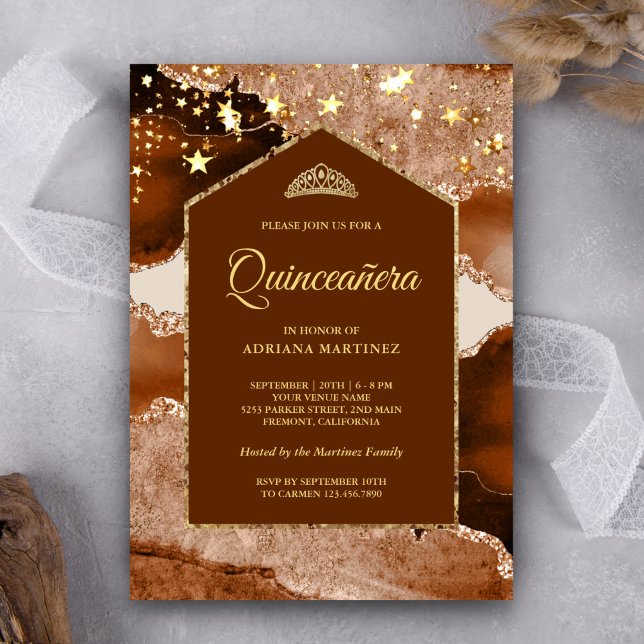 Invitation Couronne de Quinceanera en marbre d'agate dorée en (Créateur téléchargé)