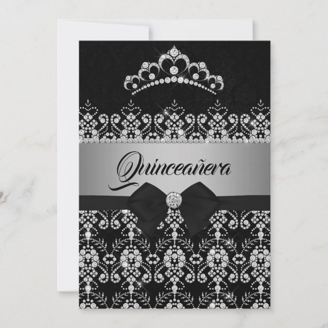 Invitation Couronne de Quinceanera noire et argentée avec dia (Devant)