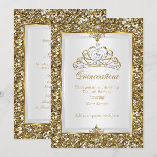 Invitation Couronne de Quinceanera or et paillettes perles bl
