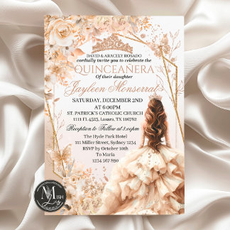 Invitation Couronne de Quinceañera Princesse Fille Beige & Or