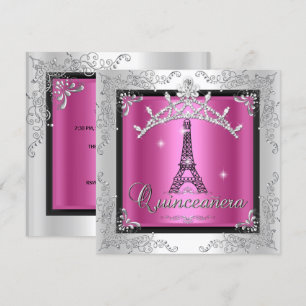 Invitation Couronne de Quinceanera Rose Argent Tour Eiffel