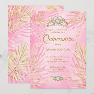 Invitation Couronne de Quinceañera Rose Pâle Palmiers Fête d'