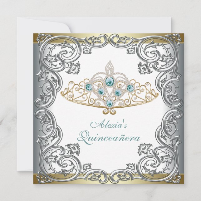 Invitation Couronne de Quinceanera sarcelle argent or (Devant)