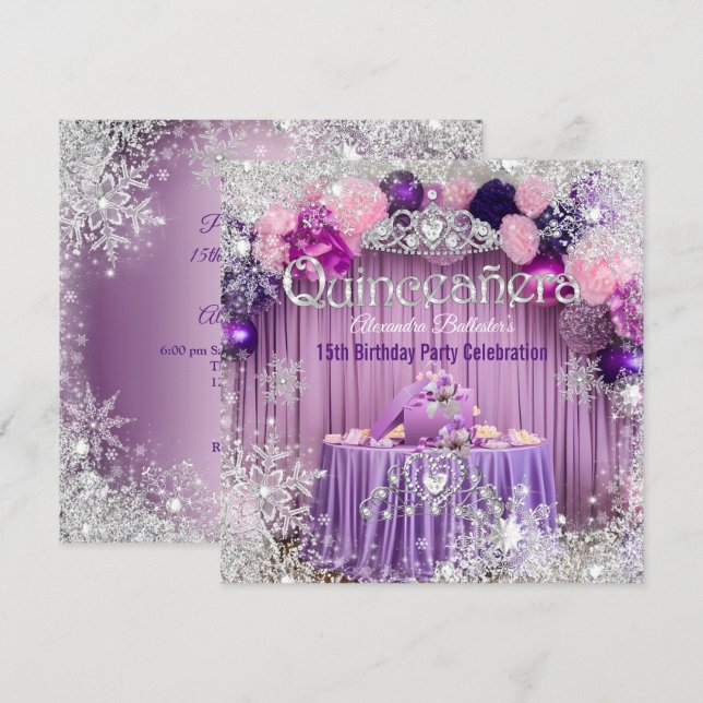 Invitation Couronne de Quinceanera Violet Rose Argent Flocon  (Devant / Derrière)