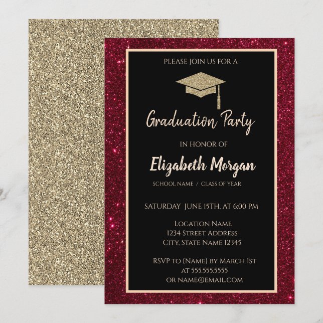 Invitation Couronne de remise de diplôme avec strass rouge et (Devant / Derrière)