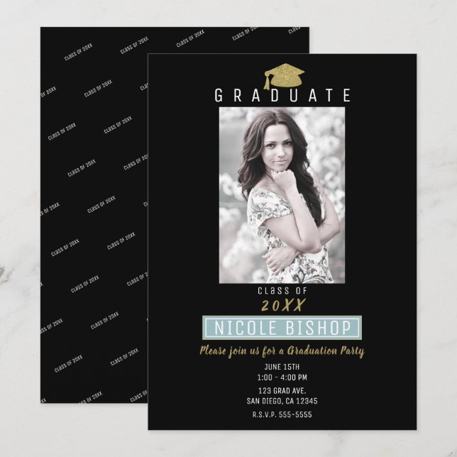 Invitation Couronne de remise de diplôme pailletée or Fête de (Devant / Derrière)