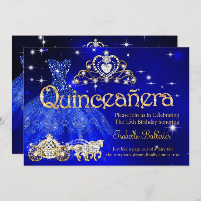 Invitation Couronne de robe bleue pour 15 ans de Quinceanera  (Devant / Derrière)