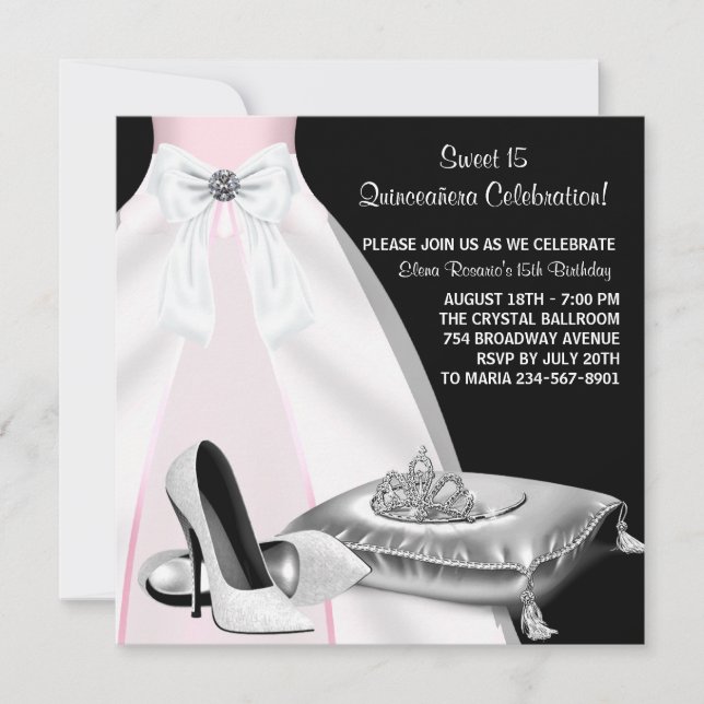 Invitation Couronne de robe de soirée rose noire Quinceanera (Devant)