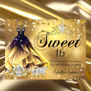 Invitation Couronne de robe dorée pour 16 ans anniversaire Ca