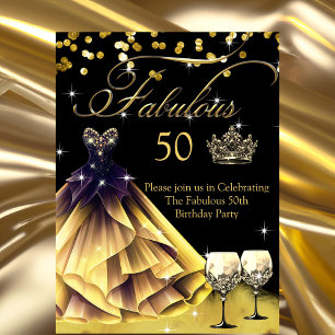 Invitation Couronne de robe noire or fabuleuse pour 50e anniv