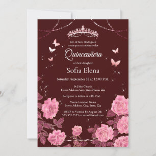 Invitation Couronne de rose gold et papillon Quinceanera Bour