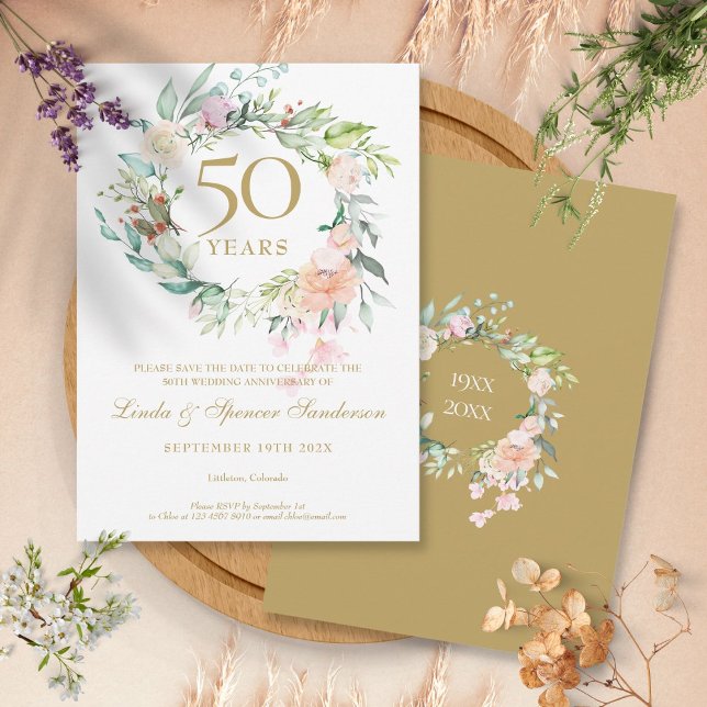 Invitation Couronne de roses 50e anniversaire Enregistrez la  (Roses Garland 50th Anniversary Save the Date Invitation)