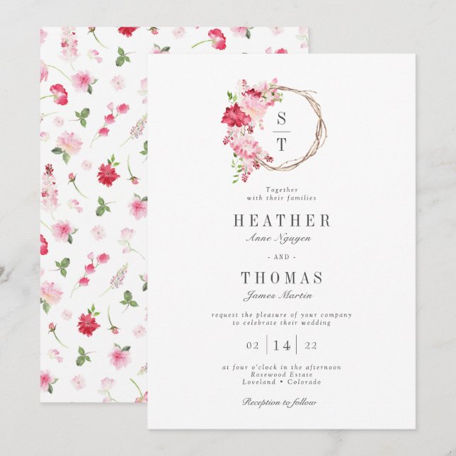 Invitation Couronne de roses aquarelles rouges monogramme de  (Devant / Derrière)