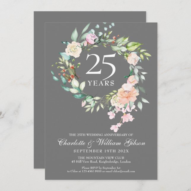 Invitation Couronne de roses argentées pour le 25e anniversai (Devant / Derrière)