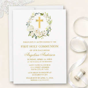 Invitation Couronne de roses blanches aquarelle Communion or