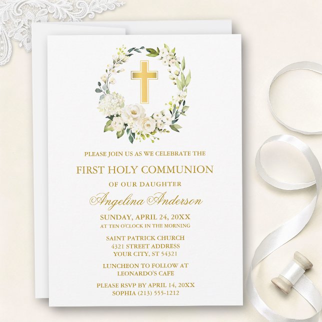Invitation Couronne de roses blanches aquarelle Communion or (Customize to change text size, text style or color.)