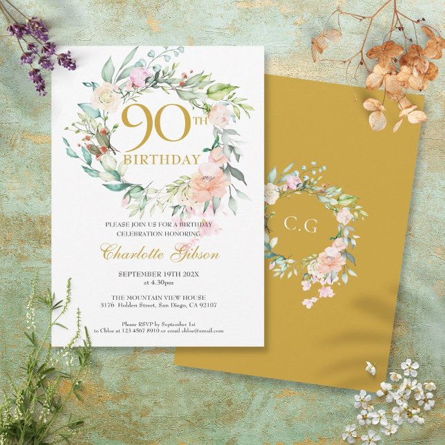 Invitation Couronne de roses d'été pour 90e anniversaire avec (Sweet Summer Roses Garland Monogram 90th Birthday Invitation)