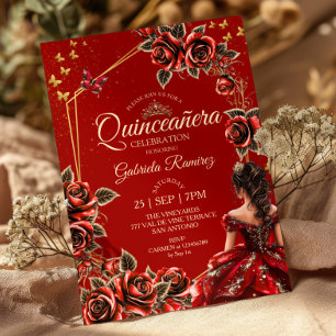 Invitation Couronne de roses dorées rouges Papillon Quinceañe