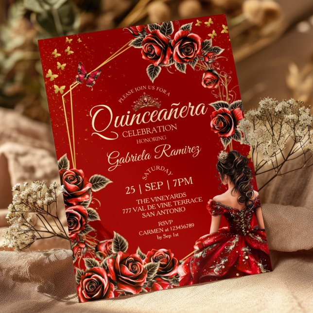 Invitation Couronne de roses dorées rouges Papillon Quinceañe (Créateur téléchargé)