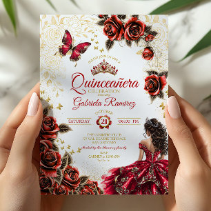 Invitation Couronne de roses dorées rouges pour Quinceañera p