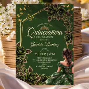 Invitation Couronne de roses dorées vertes pour Quinceañera p
