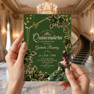 Invitation Couronne de roses dorées vertes pour Quinceañera p