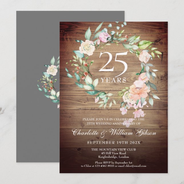 Invitation Couronne de roses en bois Rustique Bohème pour 25e (Devant / Derrière)