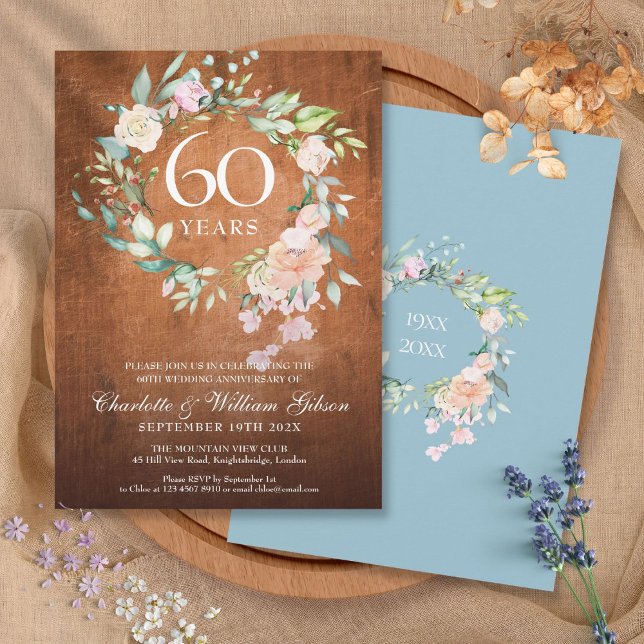 Invitation Couronne de roses en bois rustique pour 60e annive (60th Wedding Anniversary Rustic Wood Roses Garland Invitation)