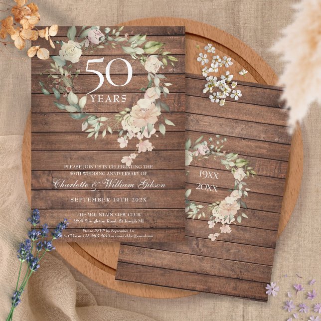 Invitation Couronne de roses en bois rustique pour les 50 ans (Créateur téléchargé)