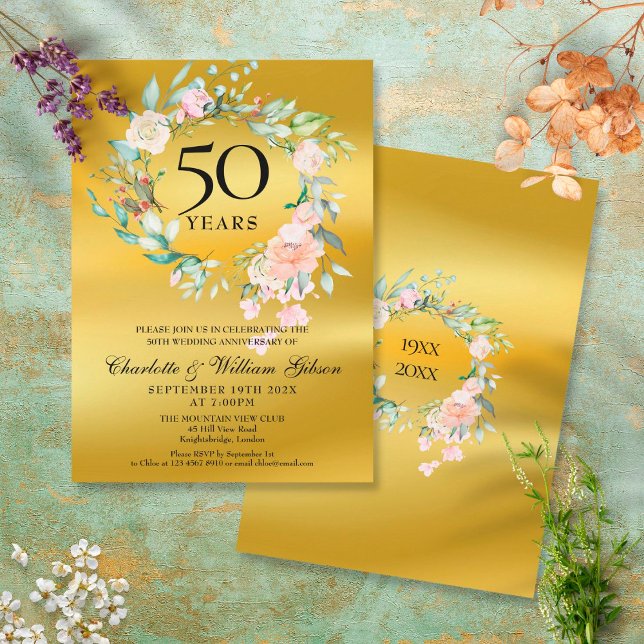 Invitation Couronne de roses en feuille d'or pour les 50 ans  (Créateur téléchargé)