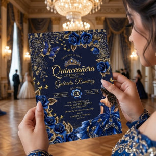 Invitation Couronne de roses en tiara bleu marine doré pour Q