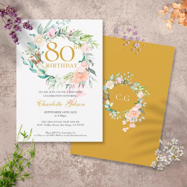 Invitation Couronne de roses estivales douces Monogramme 80e  (Créateur téléchargé)