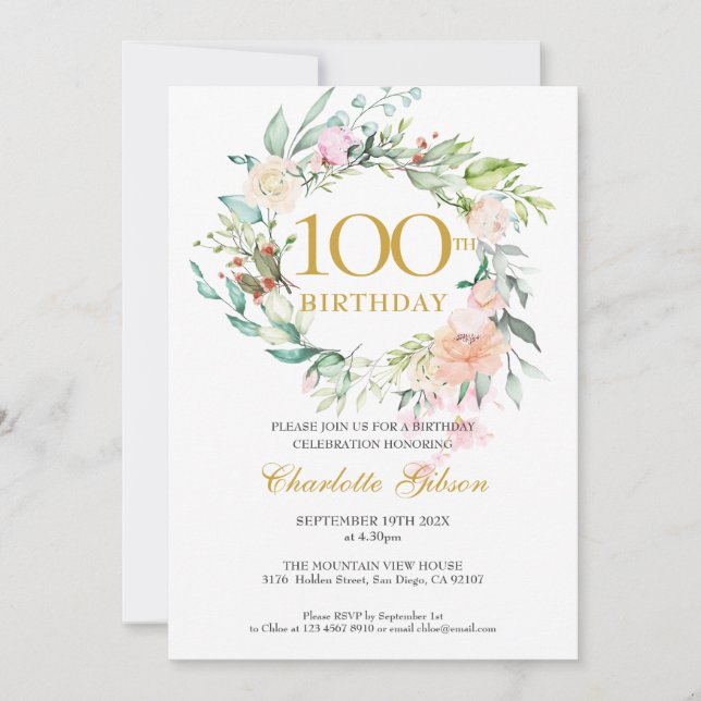 Invitation Couronne de roses florales Monogramme 100e anniver (Devant)