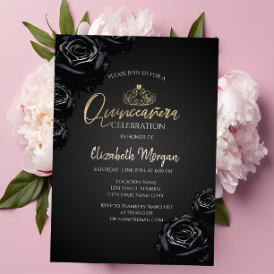 Invitation Couronne de roses noires en or pour Quinceañera no