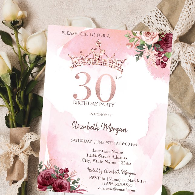 Invitation Couronne de roses pailletées or rose pour 30e anni (Créateur téléchargé)