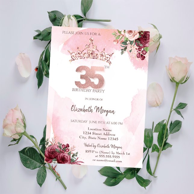 Invitation Couronne de roses pailletées or rose pour 35e anni (Créateur téléchargé)