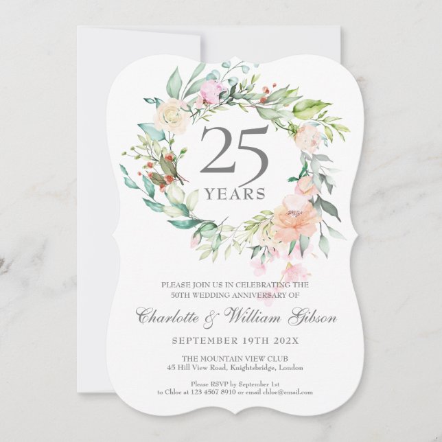 Invitation Couronne de roses pour les 25 ans de mariage  (Devant)