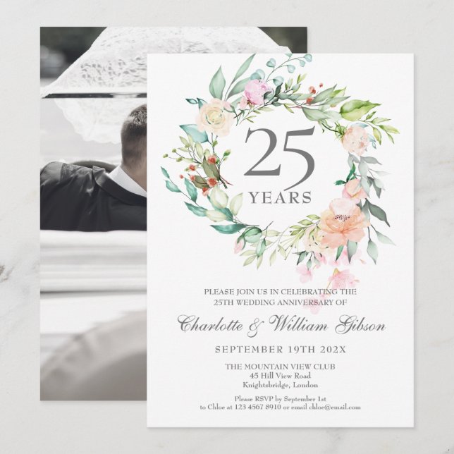 Invitation Couronne de roses pour photo de mariage 25e annive (Devant / Derrière)