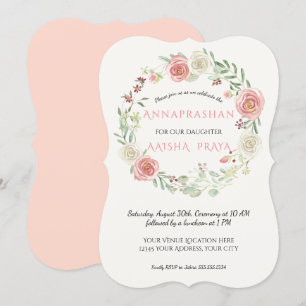 Invitation Couronne de roses rose et blanche Annaprashan bébé