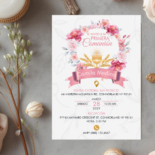Invitation Couronne de roses roses avec calice Première Commu