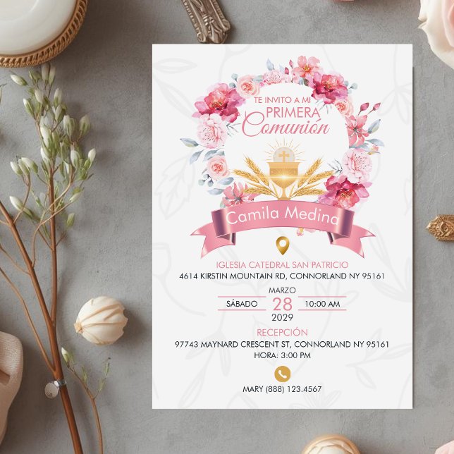 Invitation Couronne de roses roses Chalice Première communion (Créateur téléchargé)