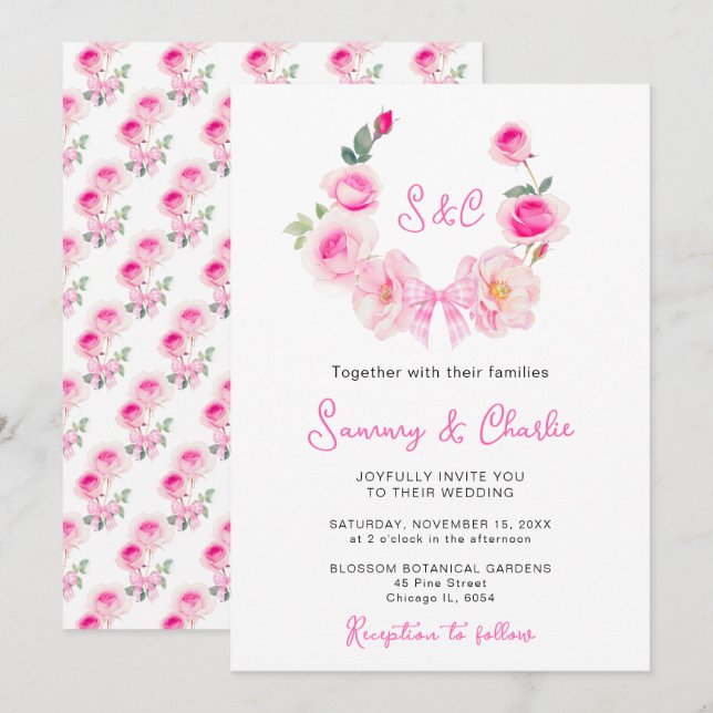 Invitation Couronne de roses roses Coquette Bow Mariage (Devant / Derrière)