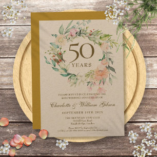 Invitation Couronne de roses rustiques 50e anniversaire doré